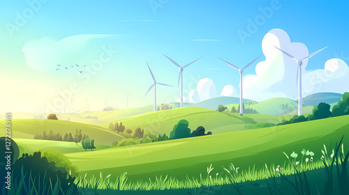 Power of Green: A scenic cartoon illustrates a rolling landscape filled with verdant fields, the horizon punctuated by majestic wind turbines under a clear, bright sky.