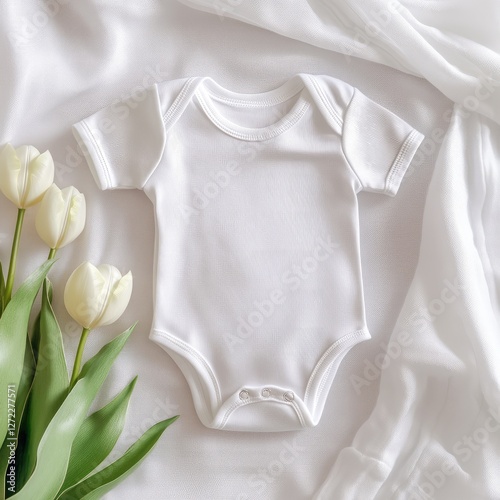 Blank Baby Bodysuit, Tulips, Soft Fabric, Flat Lay photo