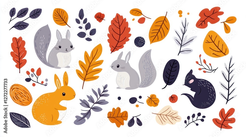 Fototapeta premium Fall themed illustration featuring leaves squirrels and an orange rabbit