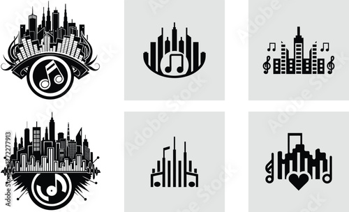 A set of creative fusion of music and urban life, featuring a city skyline silhouette where the tallest buildings morph into musical notes, a treble clef, or equalizer bars
