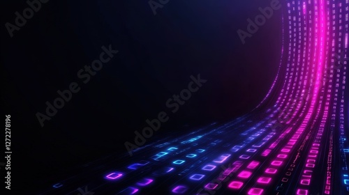 A dynamic digital wave of neon binary code flows elegantly in a dark space. The vibrant colors of blue and pink enhance the futuristic feel of this abstract representation of data.