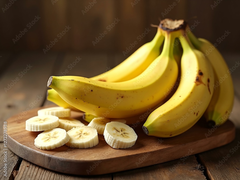 Fresh Ripe Bananas on Wooden Cutting Board, Whole and Sliced - Photograph Fresh Ripe Bananas on Wooden Cutting Board, Whole and Sliced - Photograph