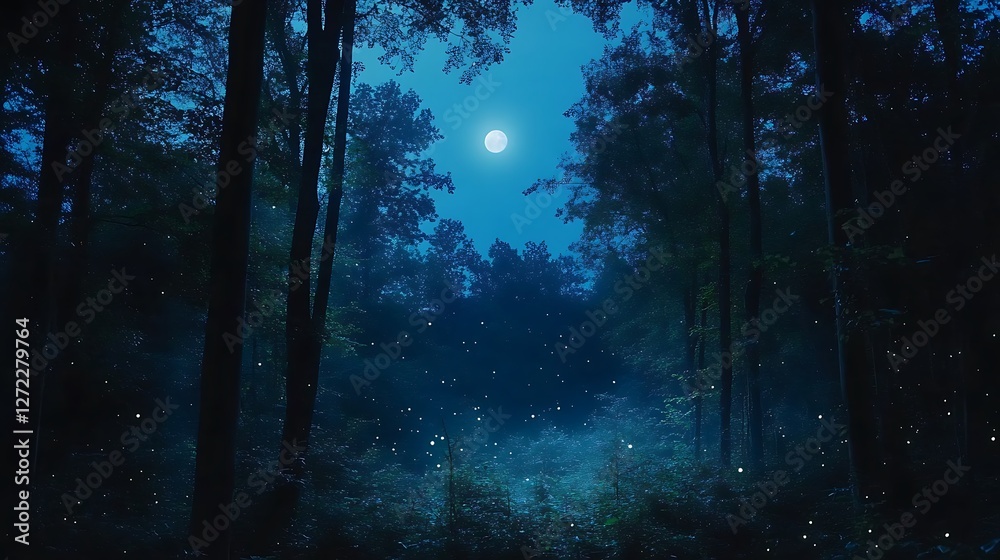 Obraz premium Moonlit Forest Path With Fireflies At Night