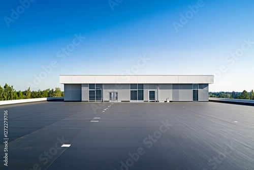 This modern commercial building features a sleek, flat EPDM roof that contrasts with the blue sky, making it an ideal space for various business activities and operations to thrive photo