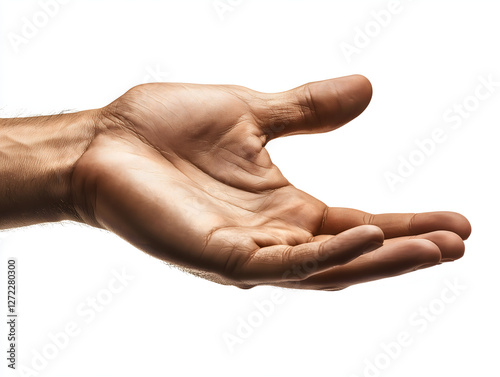 An open male hand with spread fingers, high-resolution studio shot, visible veins and rough skin, white background
