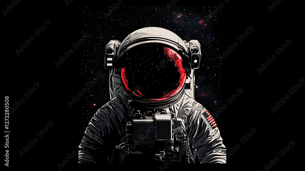 astronaut in space looking at a red planet