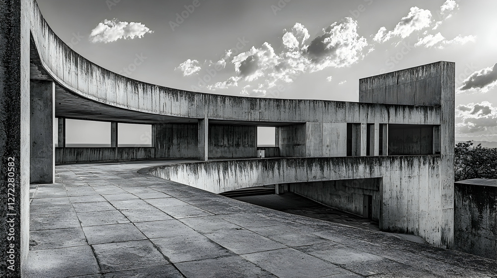 Obraz premium Modern concrete architectural walkway, elevated view of curved structures, with a partly cloudy sky