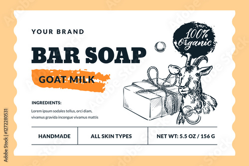 Goat milk hand made natural soap bar package label or sticker design template. Vector hand drawn sketch illustration