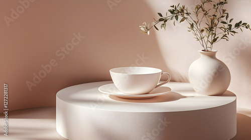 Wallpaper Mural Pastel-toned studio scene with teacup, vase, and plants on round podium; soft lighting and shadows; product display Torontodigital.ca