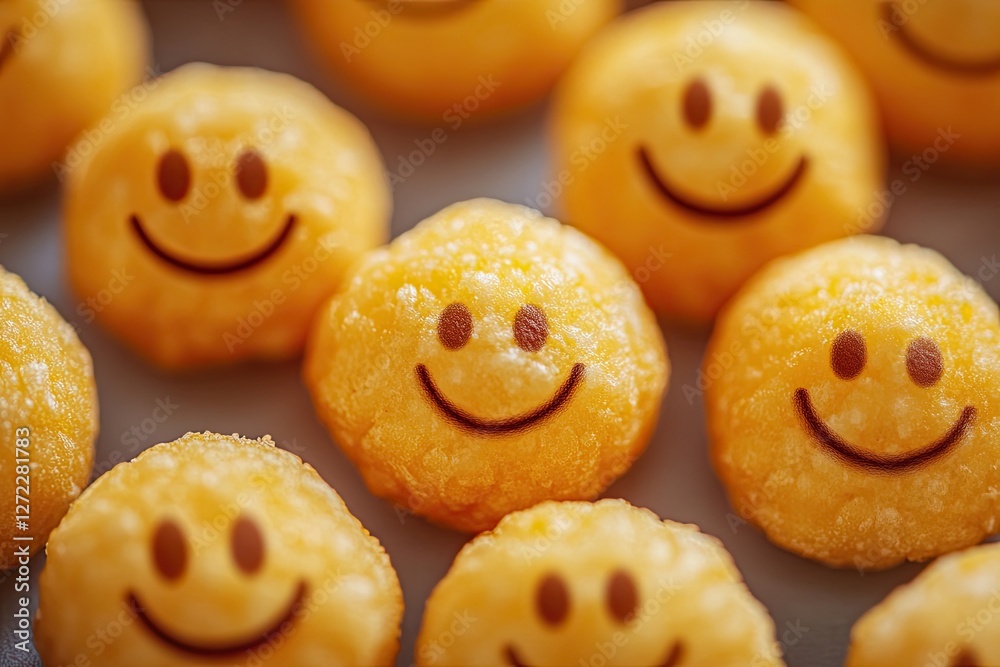 Close-up of cheerful smiley face snacks on a surface Close-up of cheerful smiley face snacks on a surface