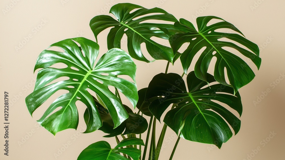 green monstera plant with large leaves on beige background