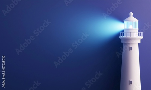 Isometric low-poly illustration showcasing a lighthouse with a bright beam illuminating the dark sea