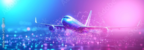 Abstract digital background featuring a blurred airplane in vibrant colors creating a dynamic transportation theme
