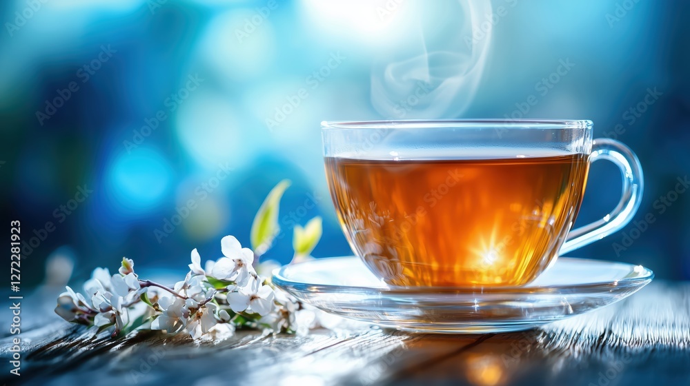 steaming cup of tea with flowers on a wooden table steaming cup of tea with flowers on a wooden table