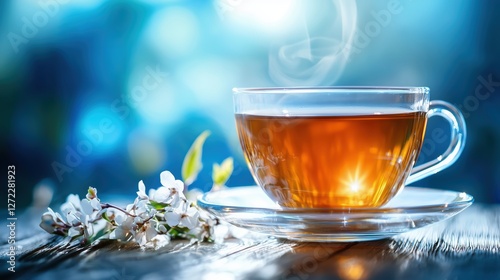 Obraz na płótnie steaming cup of tea with flowers on a wooden table w salonie