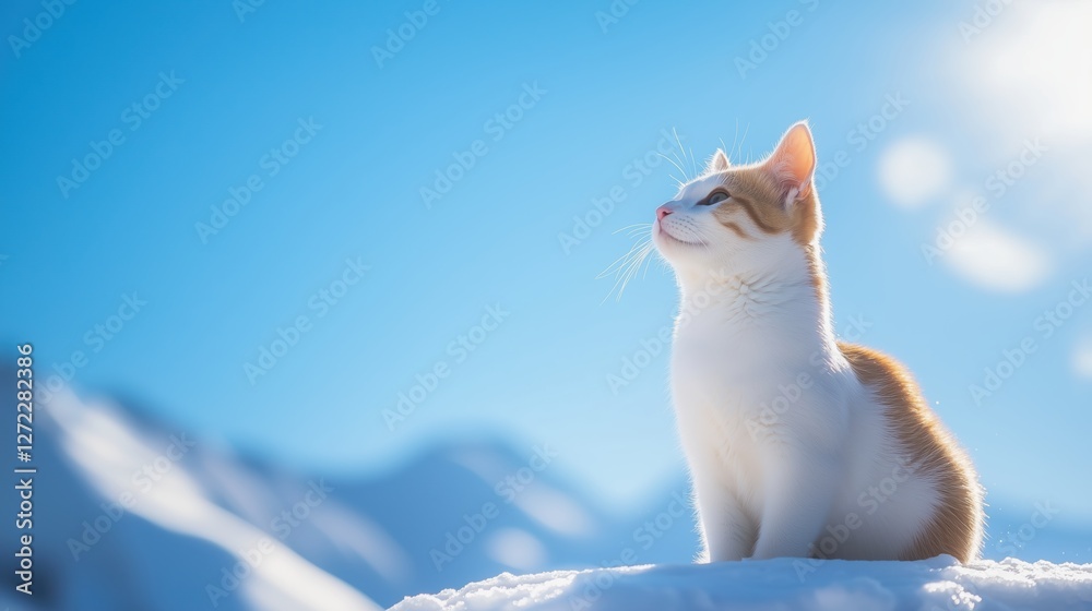 cat sitting on snow with blue sky