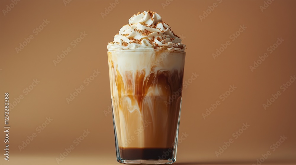 iced coffee with whipped cream on brown background