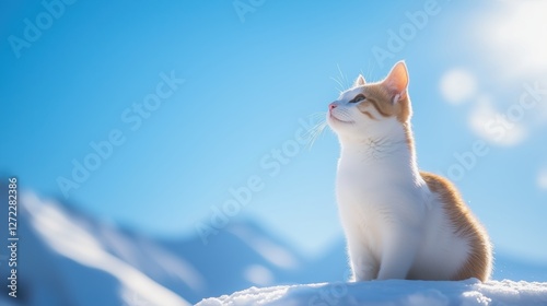 Obraz na płótnie cat sitting on snow with blue sky w salonie