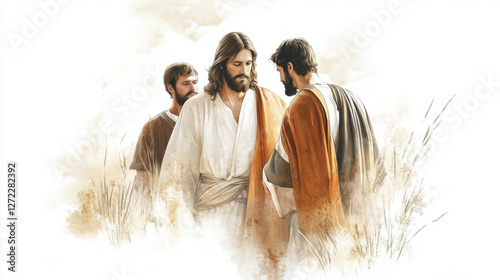 The transfiguration of Jesus Christ, radiating divine light as Peter, James, and John witness the miraculous event with awe on a white and golden background. Digital watercolor painting