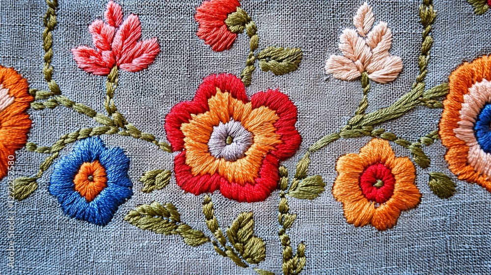 Beautiful graphics of embroidered flowers.
