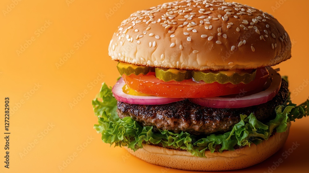 delicious cheeseburger on yellow background