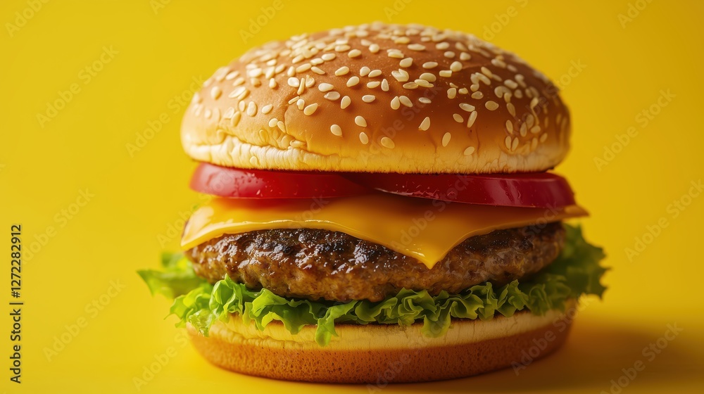delicious cheeseburger on yellow background