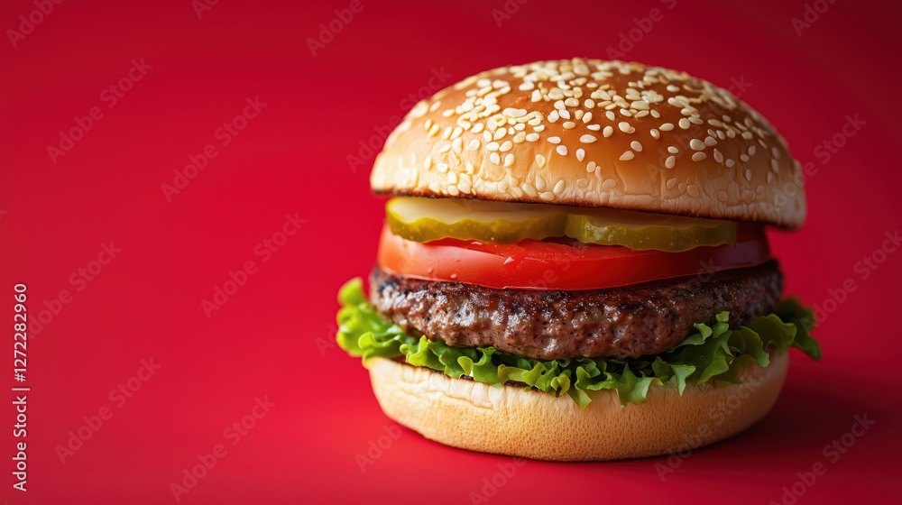 delicious cheeseburger on red background