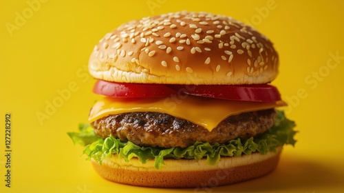 Obraz na płótnie delicious cheeseburger on yellow background w salonie