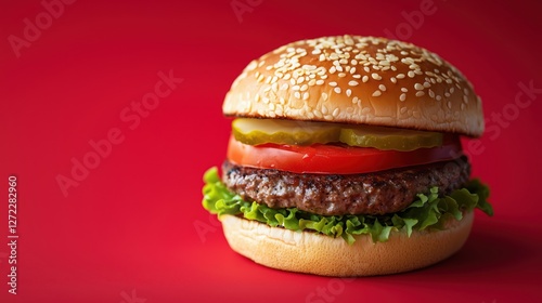 Obraz na płótnie delicious cheeseburger on red background w salonie