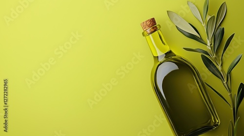 Obraz na płótnie bottle of olive oil with leaves on green background w salonie