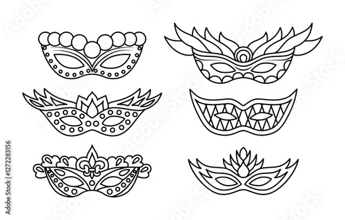 Mardi Gras masks collection linear vector illustration. Coloring page for Fat Tuesday