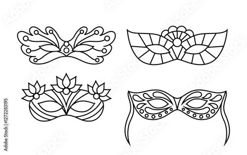 Carnival masks linear vector collection. Mardi Gras eyes masks coloring page