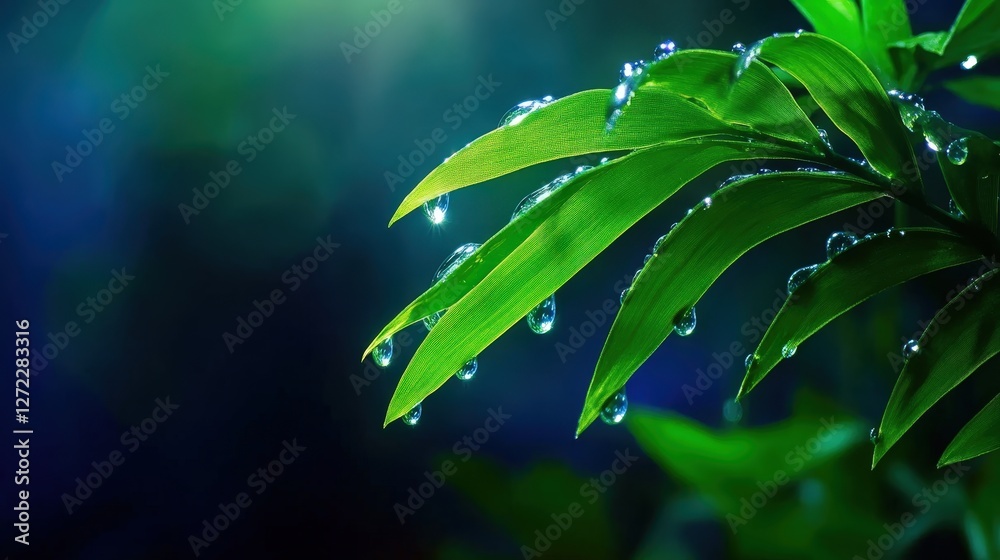 Fototapeta premium A close-up view of fresh green leaves adorned with glistening droplets of water, captured in a serene and vibrant atmosphere, symbolizing nature's beauty and freshness.