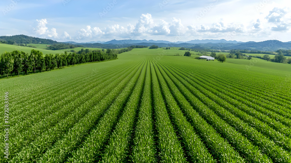 Aerial view of lush green farmland, rows of crops, distant hills, and a small barn under a blue sky Aerial view of lush green farmland, rows of crops, distant hills, and a small barn under a blue sky