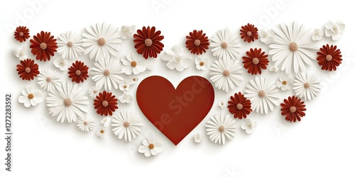 Heart surrounded by white and red flowers on white background