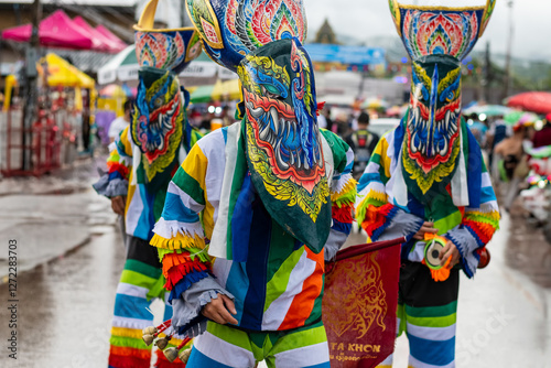 Loei Thailand July 6 2024  Phi Ta Khon festival Ghost mask and colorful costume Fun Traditional Tradition Very famous There are tourists around the world at Dan Sai Loei halloween of Thailand photo