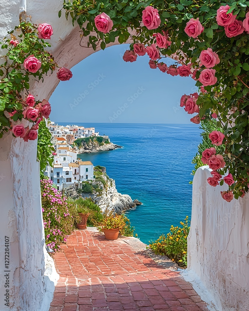 Fototapeta premium White arch with pink roses framing a seaside path and coastal town in southern Italy