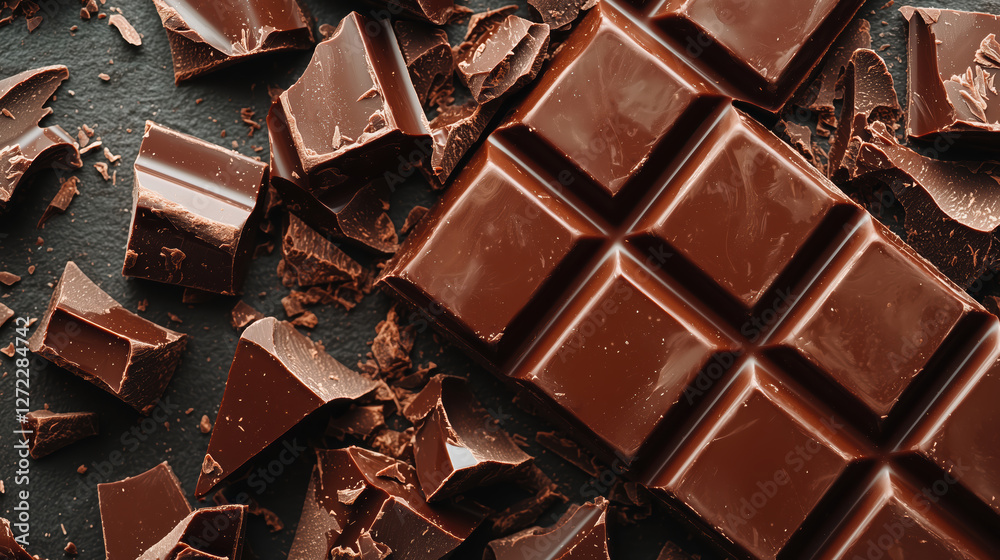 dark chocolate bar with broken pieces on black background