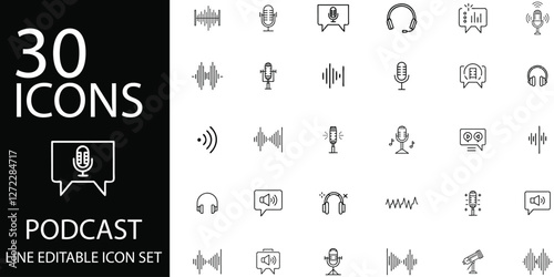 "30 Editable Line Icons for Podcasting Microphones Headphones Soundwaves and More for Adobe Stock"