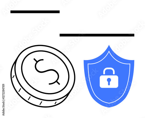 Dollar coin next to a blue shield with a padlock. Ideal for banking, insurance, cybersecurity, finance, savings investment fintech. Line metaphor. Line metaphor. Simple line icons