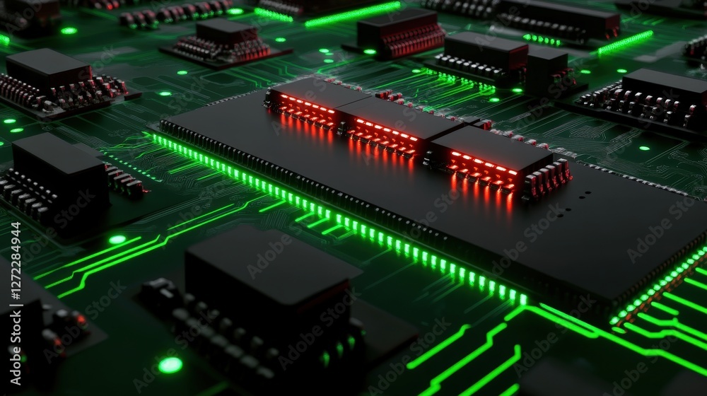 A close-up view of a modern circuit board featuring intricate details, vibrant green lines, and glowing red LED indicators A close-up view of a modern circuit board featuring intricate details, vibrant green lines, and glowing red LED indicators