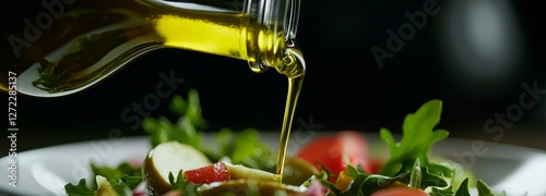 bottle of olive oil pouring on salad