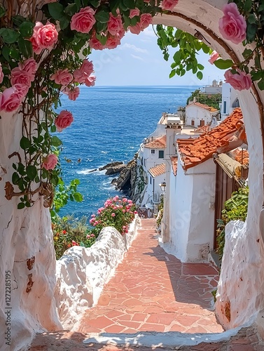 White arch with pink roses framing a seaside path and coastal town in southern Italy