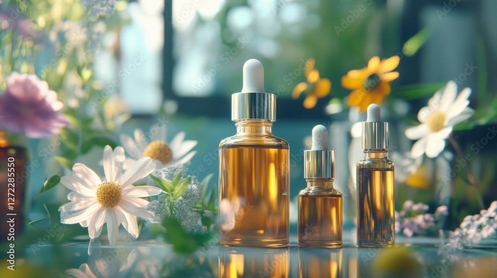 Amber cosmetic bottles surrounded by flowers Amber cosmetic bottles surrounded by flowers