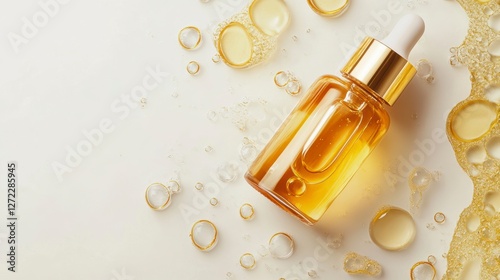 Golden serum bottle on white background with drops