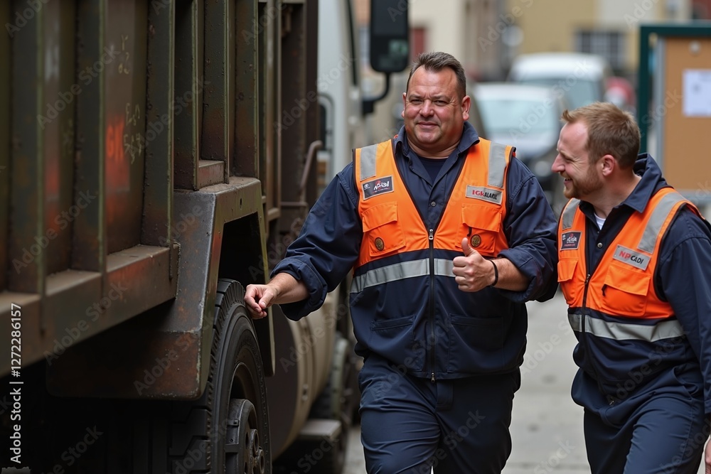Fototapeta premium Sanitation workers lifting garbage bin into truck on city street