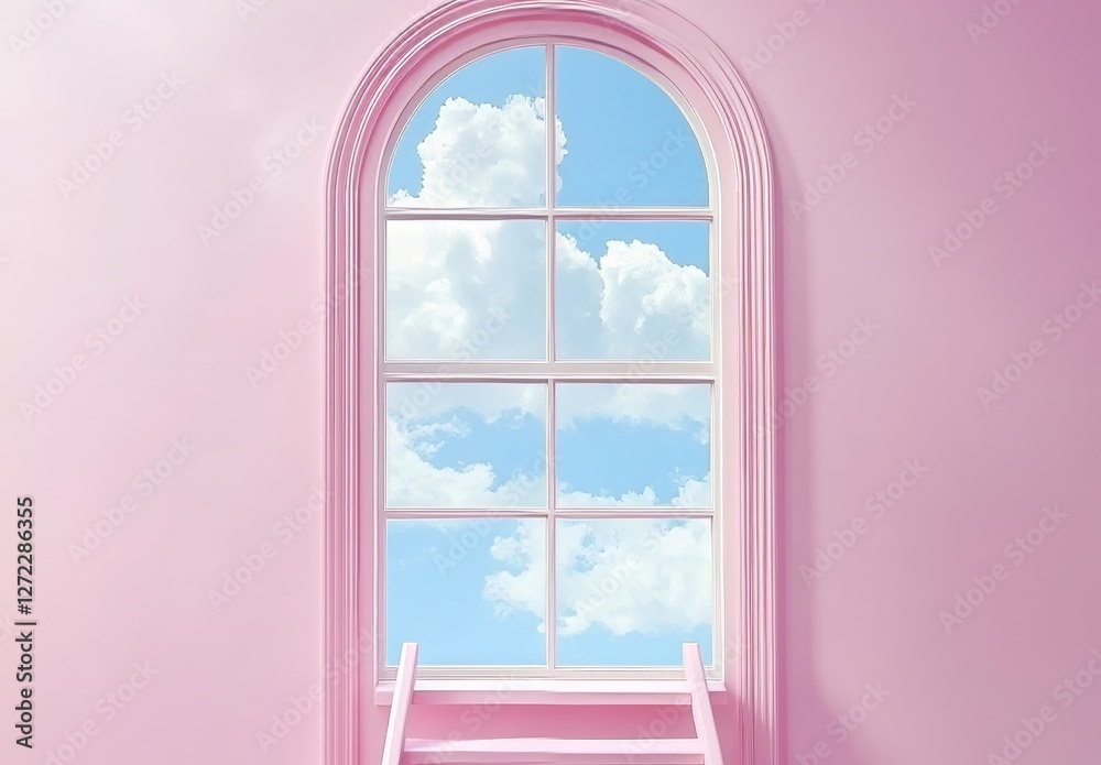 Fototapeta premium A basic scene with a ladder in front of a blue sky on a pink background