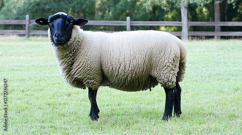 A sheep with a black face and legs stands on green grass gazing forward with a wooden fence behind.