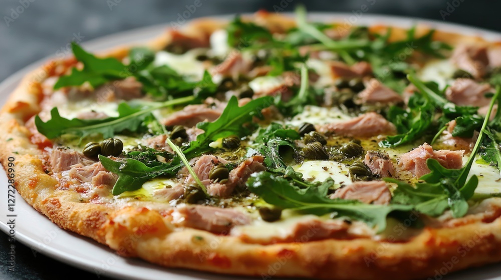 Close-up of Delicious Tuna Pizza with Capers and Fresh Rocket Close-up of Delicious Tuna Pizza with Capers and Fresh Rocket