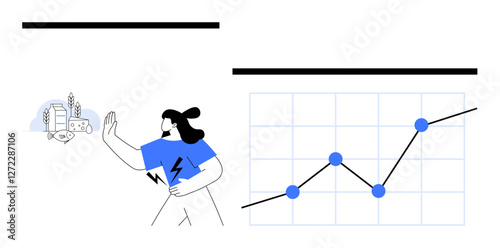 Woman in blue shirt gesturing toward buildings, leaves, eco symbols, graph shows upward trend with data points. Ideal for sustainability, growth, progress, technology, business analytics abstract